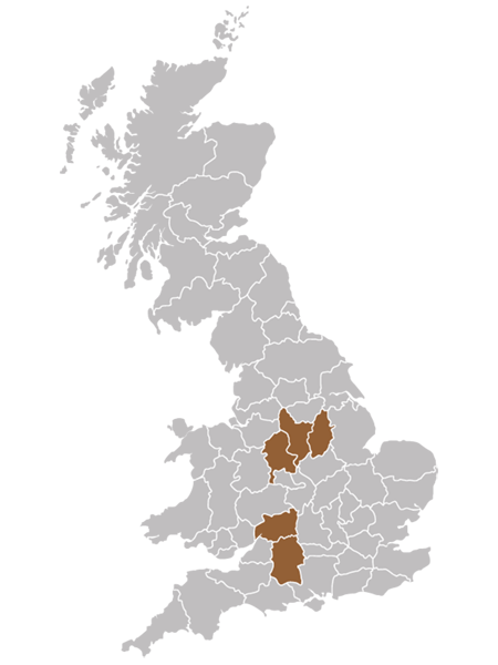 UK map of Derventio supported housing locations in the Midlands and South West